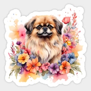 A pekingese decorated with beautiful watercolor flowers Sticker